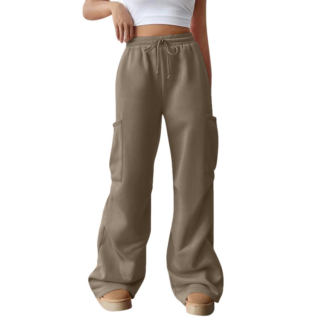 Women's Casual Fashion Color Elastic Waist Drawstring Pocket Wide-Leg Straight-Cut Joggers