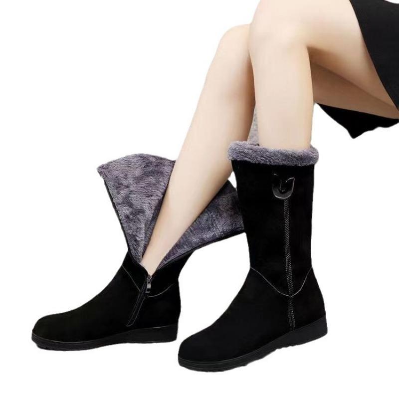 Versatile Snow Boots, Women's Shoes, Fleece Thickened Mid-calf Boots, Wedge Heels, Anti-slip and Warm Cotton Boots