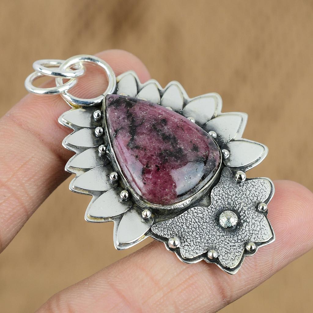 Natural Rhodonite Gemstone Pendant 925 Sterling Silver Indian Jewelry For Women