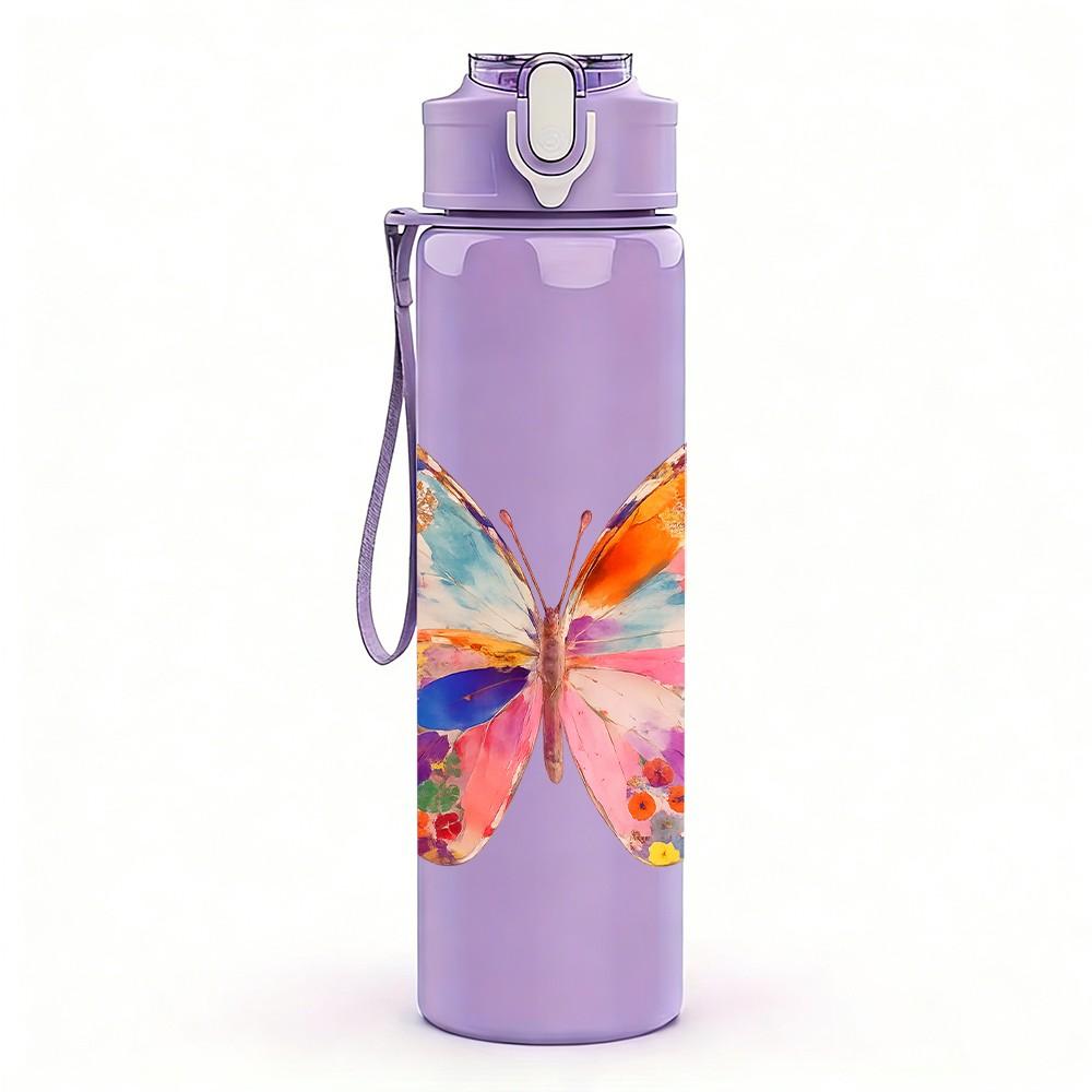 1PC Bright Multicolor Butterfly Wing Print 750ml Color Plastic Sports Water Bottle Leakproof Flip Straw Lid Suitable for Sports Office Home Use