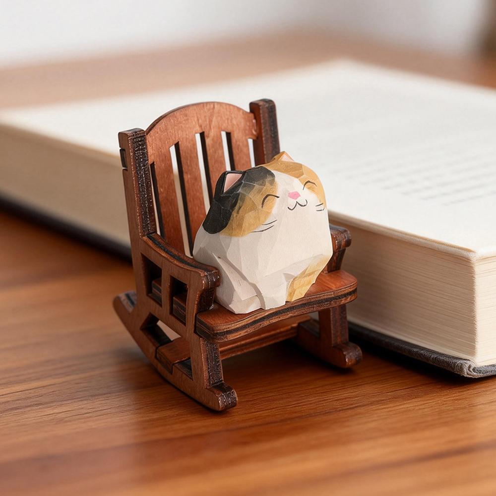 Hand Carved Wooden Cat Figurine Cute Kitten Statue Home Desktop Decor Calico Orange Cat Ragdoll Bombay Cat Miniature Craft Gift