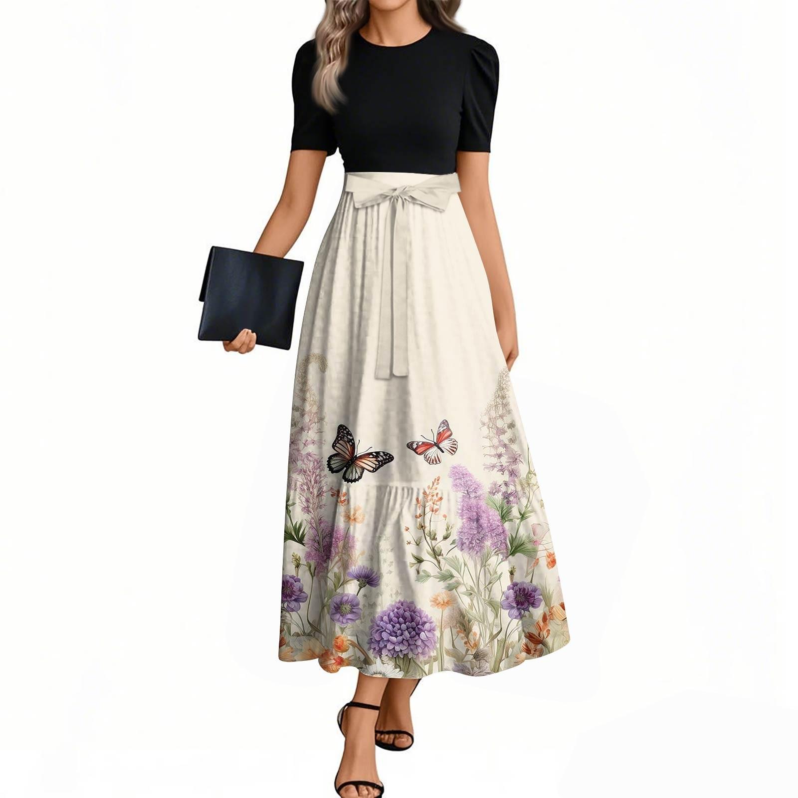 

Женская мода повседневная пояс с коротким рукавом круглый вырез винтажные цветочные сращивания элегантные темпераментные платья XL хаки