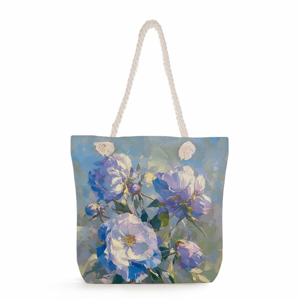 Multifunctional Oil painting flowers Printed Thick Rope Shoulder Beach Bag Casual large capacity handbag 0245