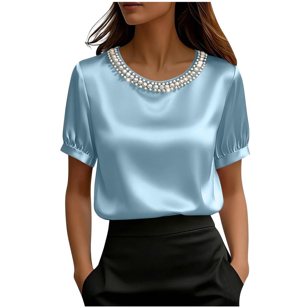 T-shirt da donna alla moda, vestibilità ampia, manica corta in raso, con colletto di perle
