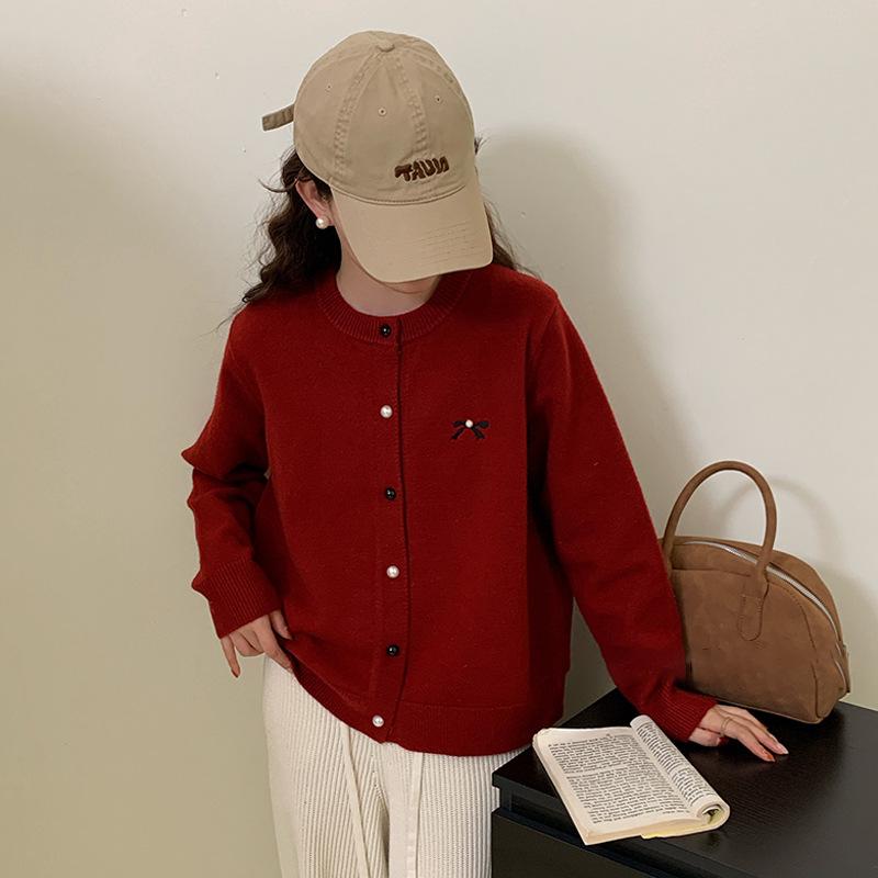 

Весна и Осень Новинка Нишевый Свободный и Нежный Кардиган Женская Куртка Праздничный Красный Свитер с Бантом Вязка One Size