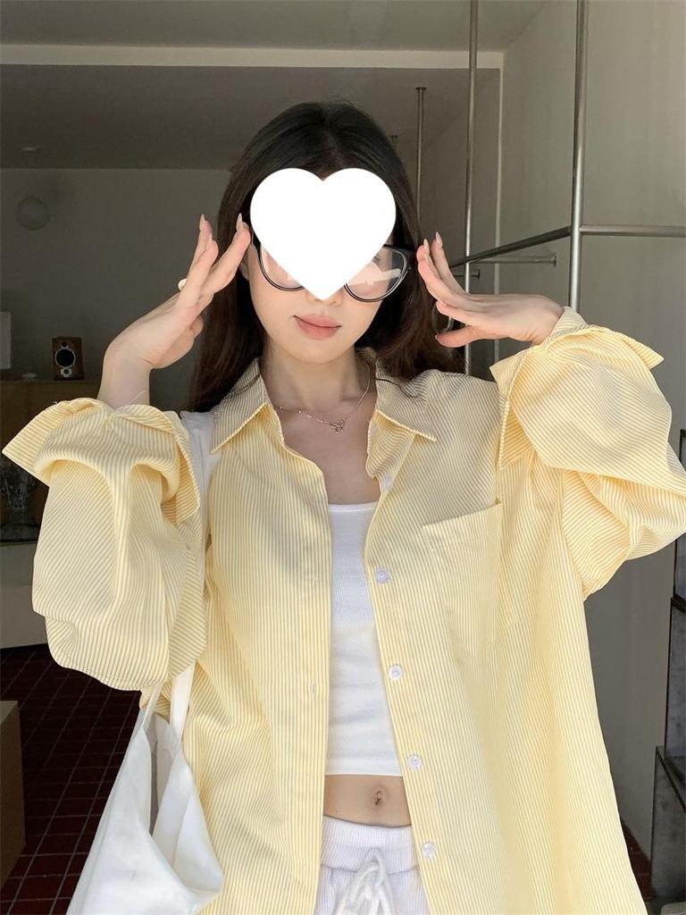 Korean Style Yellow Striped Women's Casual Shirt Coat - Autumn Design