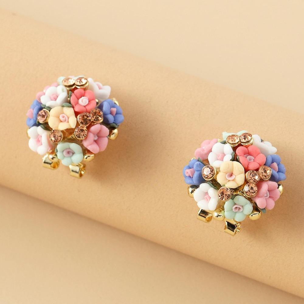Romantic Ceramic Flower Rose Diamond Alloy Earrings Temperament Ear Buckle Exquisite Stud Earrings Jewelry Popular