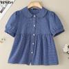 VONDA Women Doll Collar Puff Sleeve Button Up Plaid Blouse Tops