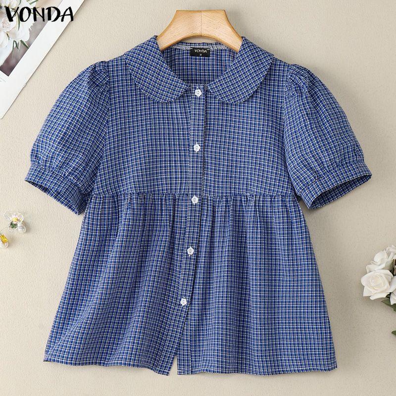 VONDA Women Doll Collar Puff Sleeve Button Up Plaid Blouse Tops