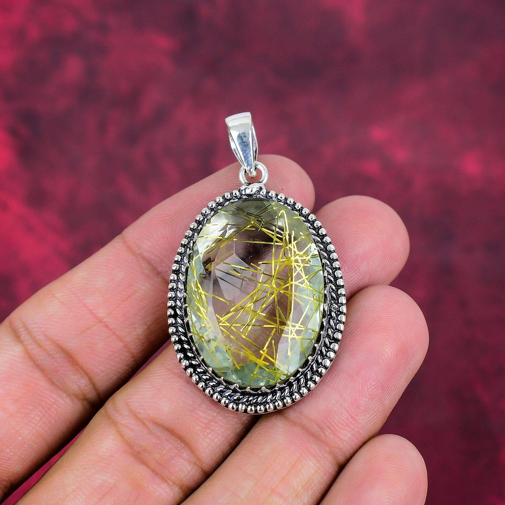 Golden Rutile Jewelry Handmade Gemstone Pendant, 925 Sterling Silver Antique Jewelry Pendant, For Engagement Gift