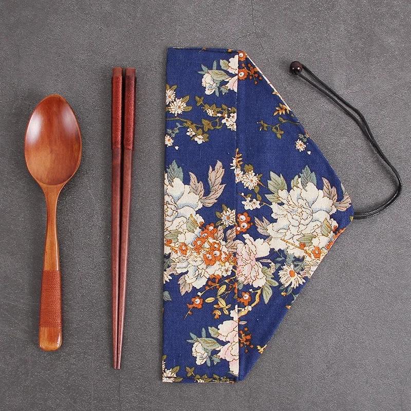 Wooden Cutlery Sets With Spoon Fork, Environmentally Friendly, Travel Portable, Tableware, Chopsticks, Cloth Bag