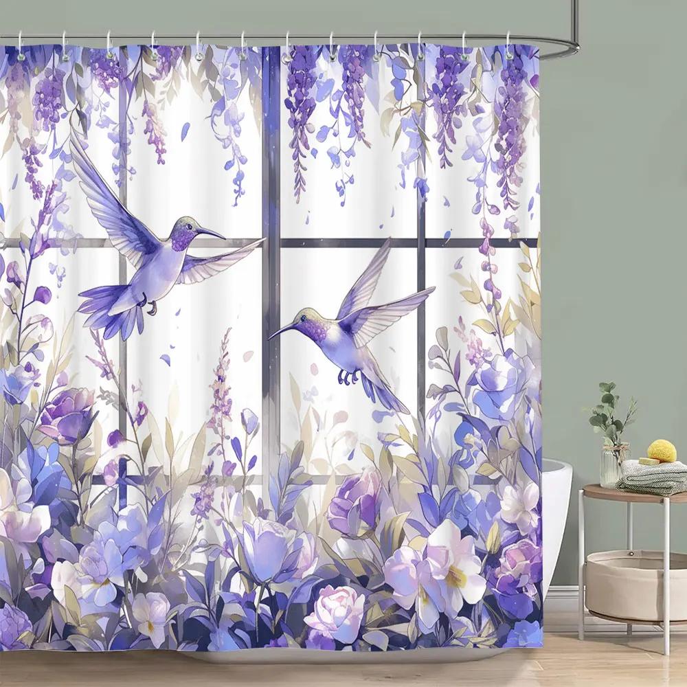 Wunderschöner Kolibri Blumen Duschvorhang Schmetterling Blume Botanischer Aquarelldruck Polyester Duschvorhang Badezimmerdekor