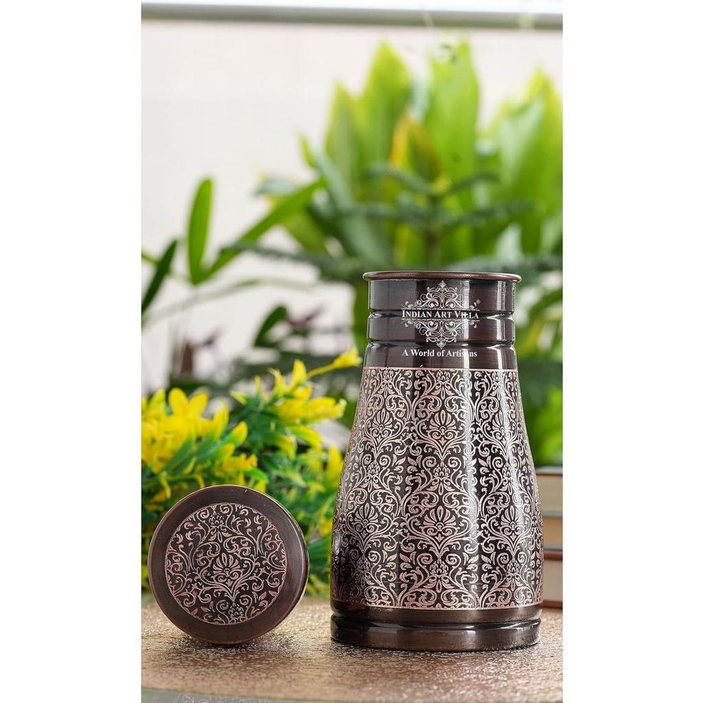 Pure Copper Bedroom Water Bottle with Inbuilt Glass, Dark Embossed Design, Bedside Carafe, Ayurvedic Health Benefits, 950 ML (Pack of 1)