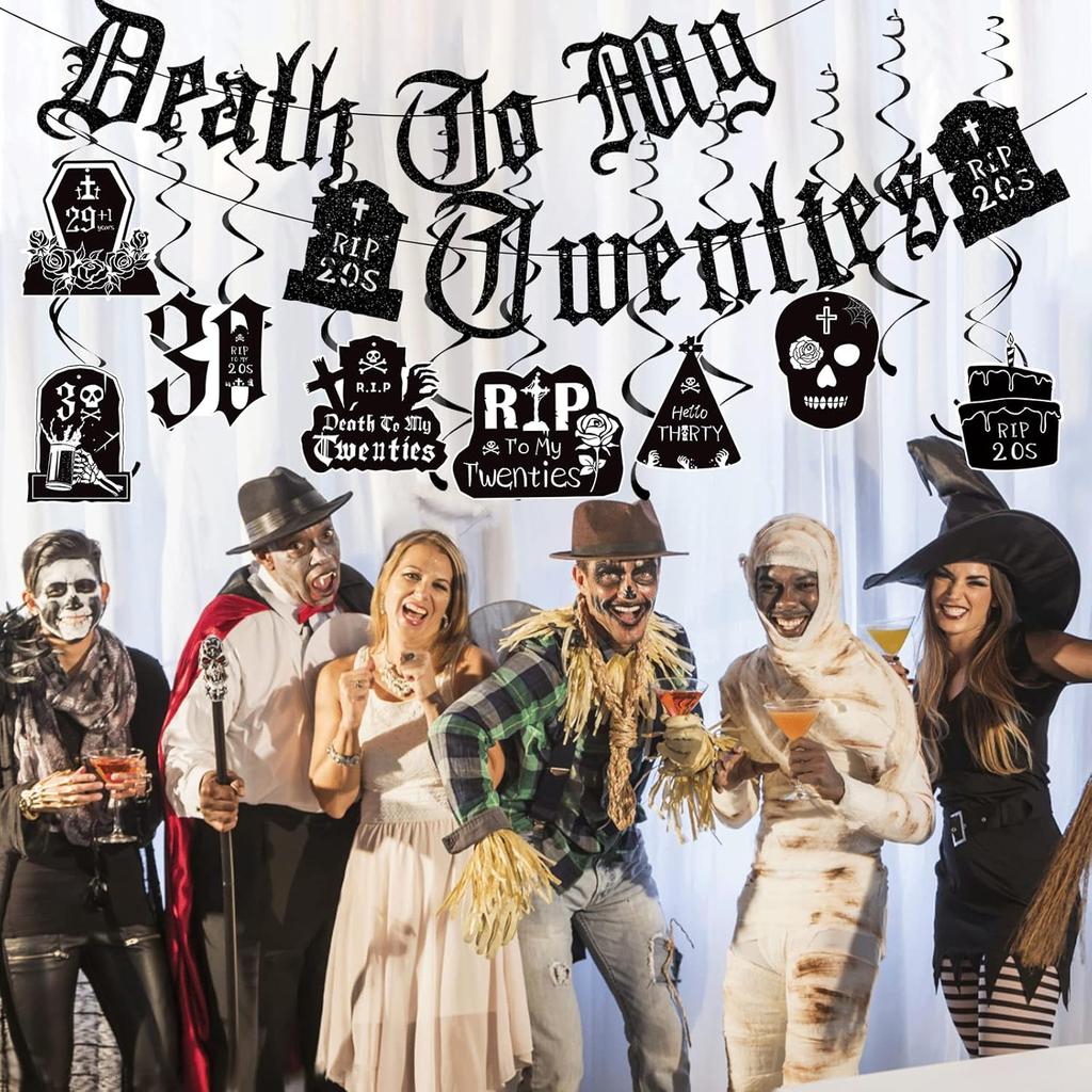 Death To My 20s Decorations - 14pcs Black 30th Birthday Party Decorations Banner Hanging Swirls Rip To My 20s Birthday Decor Party Ceiling Supplies