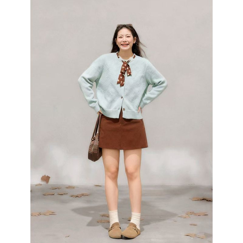 Zhang Ren Plus size women clothing Chubby Korean Series Slimming Fresh Green Sweater Outerwear Deep Coffee Color Long Skirt Set