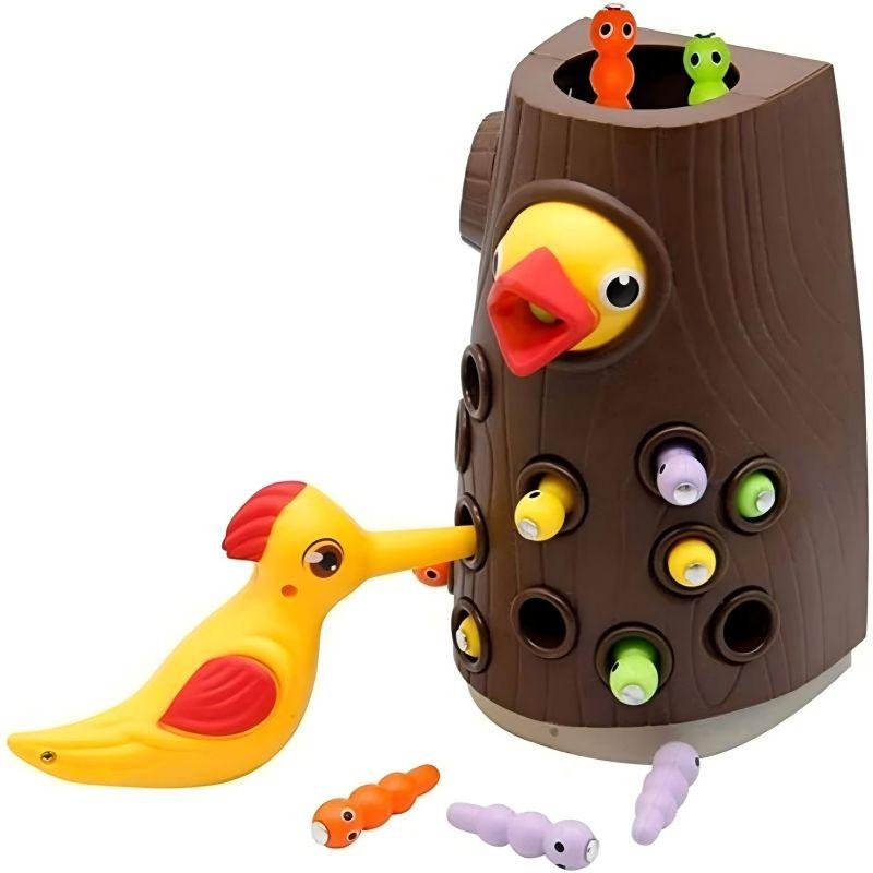 Montessori Baby Wooden Toys Magnetic Woodpecker Catching Worms Feeding Fishing Game Set Educational Toys for Kids Birthday Gifts