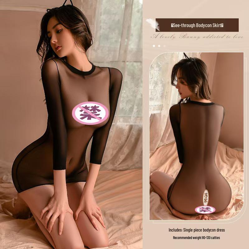 Drunk Cellar Sexy Fishnet Lingerie: European & American Style Hollow Out Bandeau with Removable Open Crotch Bodysuit Set.