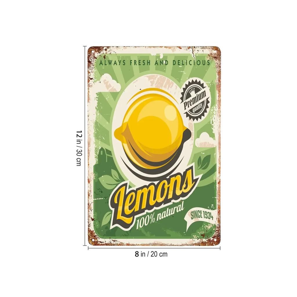 Lemon Decor Tin Sign, Lemon Farm Always Fresh and Delicious Metal Tin Sign for Wall Decor -12"X 8"