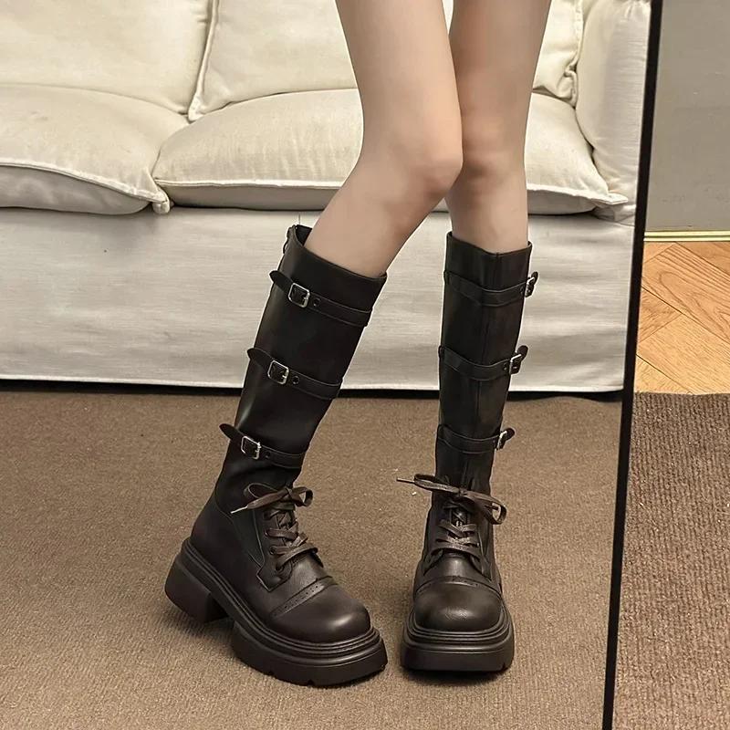 Fashion Fairy Wind Thick Heel Belt Buckle Thin Boots Female 2025 Autumn New Thick-soled Maillard Knee Boots