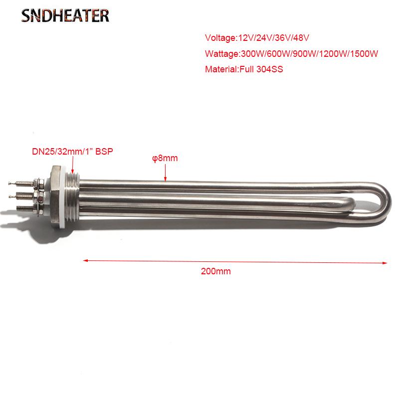 SNDHEATER 12V 24V 36V 48V Water Immersion Heater Low Voltage G1 1/4" DN25 1Inch Thread Induction Heating Tube 304SUS 300W-1.5KW