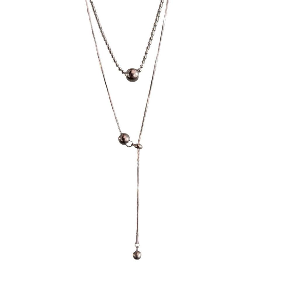 Personality Design Silver Color Stainless Steel Beaded Ball Pendant Necklace for Women Double Layer Hip Hop Rock Chokers Jewelry