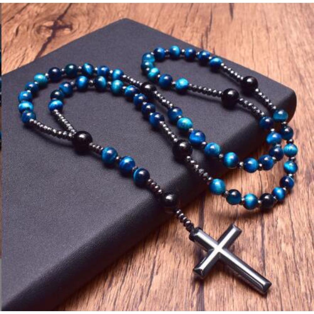 Collier pendentif croix en pierre naturelle, Croix en pierre d'œil de tigre et fer à bille chapelet collier pour homme
