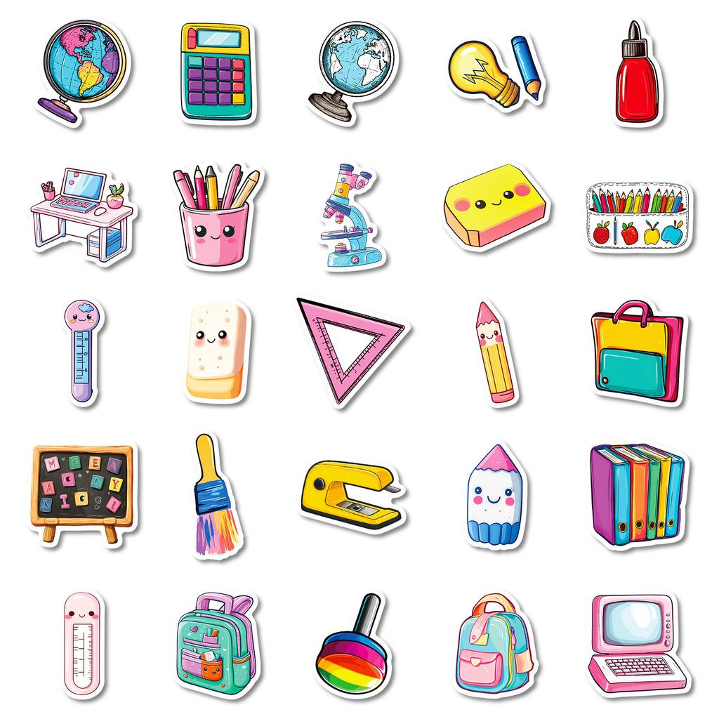 50 Creative Hand-painted Various Stationery Graffiti Stickers Book Pencil Alarm Clock No Repetition Decorative Stickers