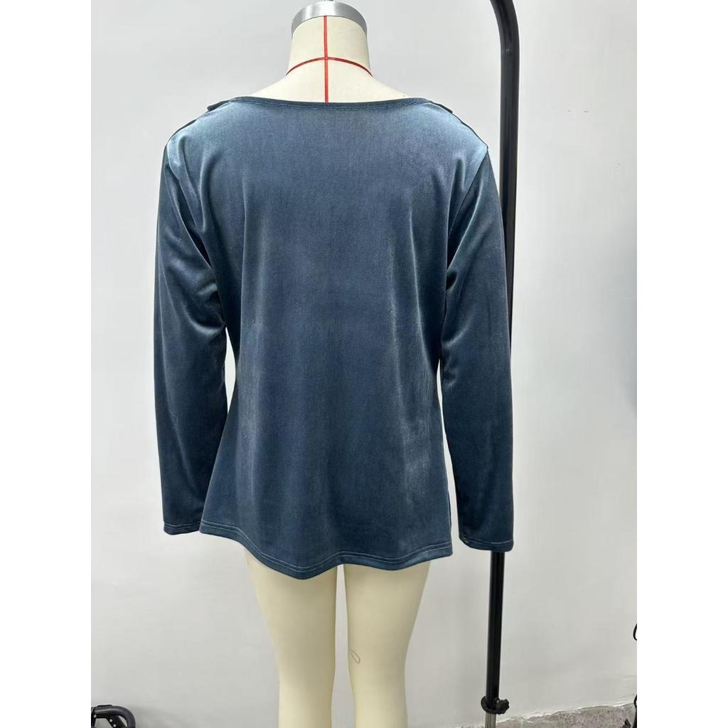 Women's Solid Color Velvet Long Sleeve T-shirt, Sexy Cowl Neck Casual Top