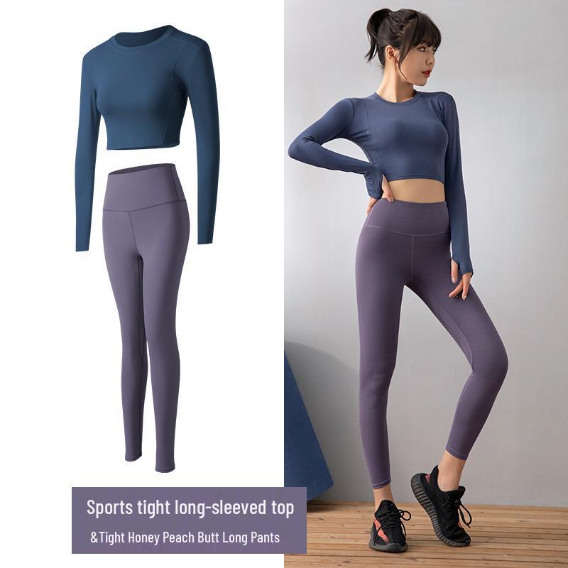 Seamless Yoga Set: Women's Long Sleeve Top & High Waist Peach Lift Pants for Gym & Running