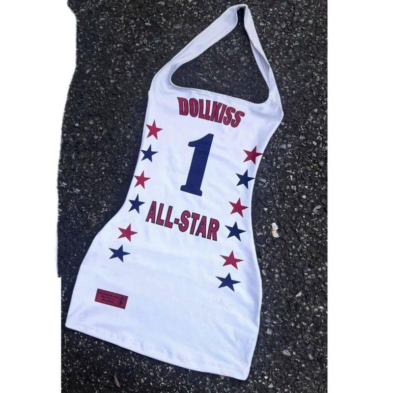 

American Retro Vintage Color-Block Halter Neck Strap Dress, Sporty Sexy Hot Girl Backless Bodycon Dress White Halter Neck Hip Skirt S