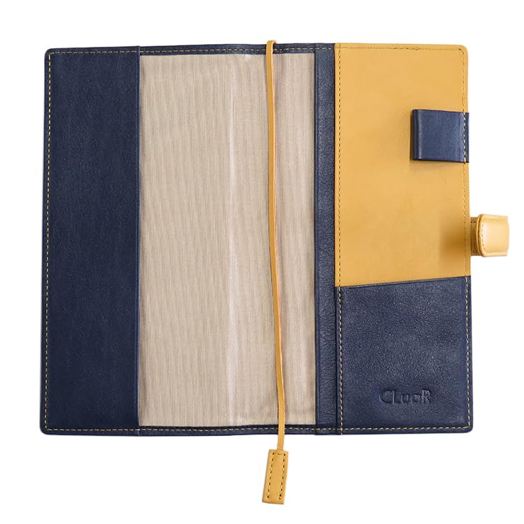 (Seal Al) Genuine Leather Notebook Cover, B6 Size, Vertical, Slim, with Belt, Two-Tone, Fits Weeks MEGA (02.Navy/Mustard Yellow)