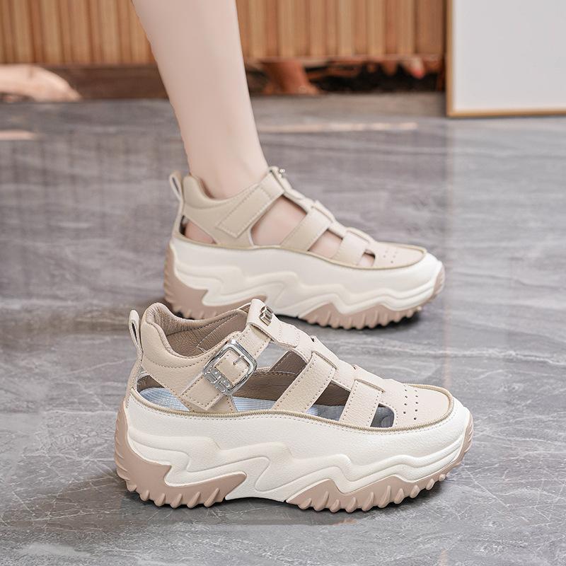 Platform dad shoes sandals 2025 summer new hollow inner height increase casual shoes muffin small Roman sandals
