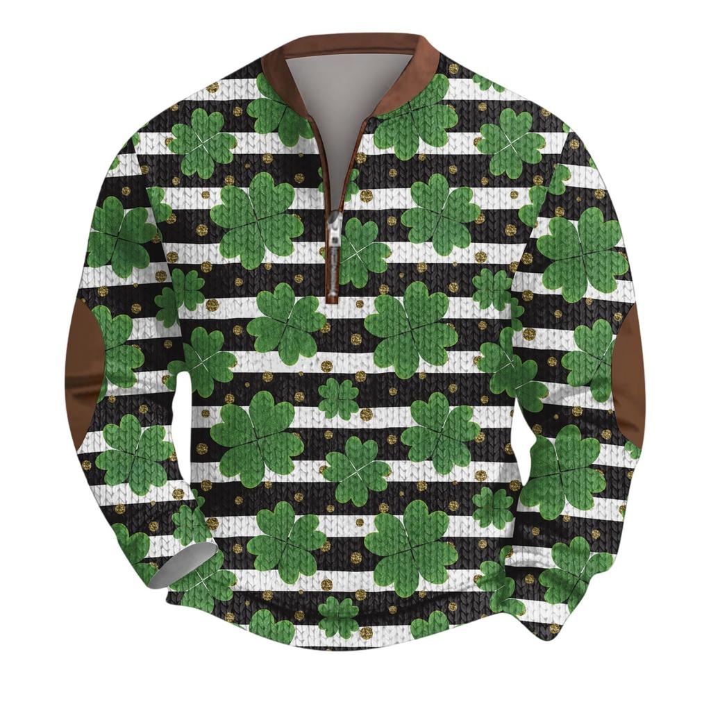 Mens Christmas Sweater Zip Up Sweatshirts Vintage Knit Graphic Sweatshirt St. Patrick's Day Stand Collar Pullover