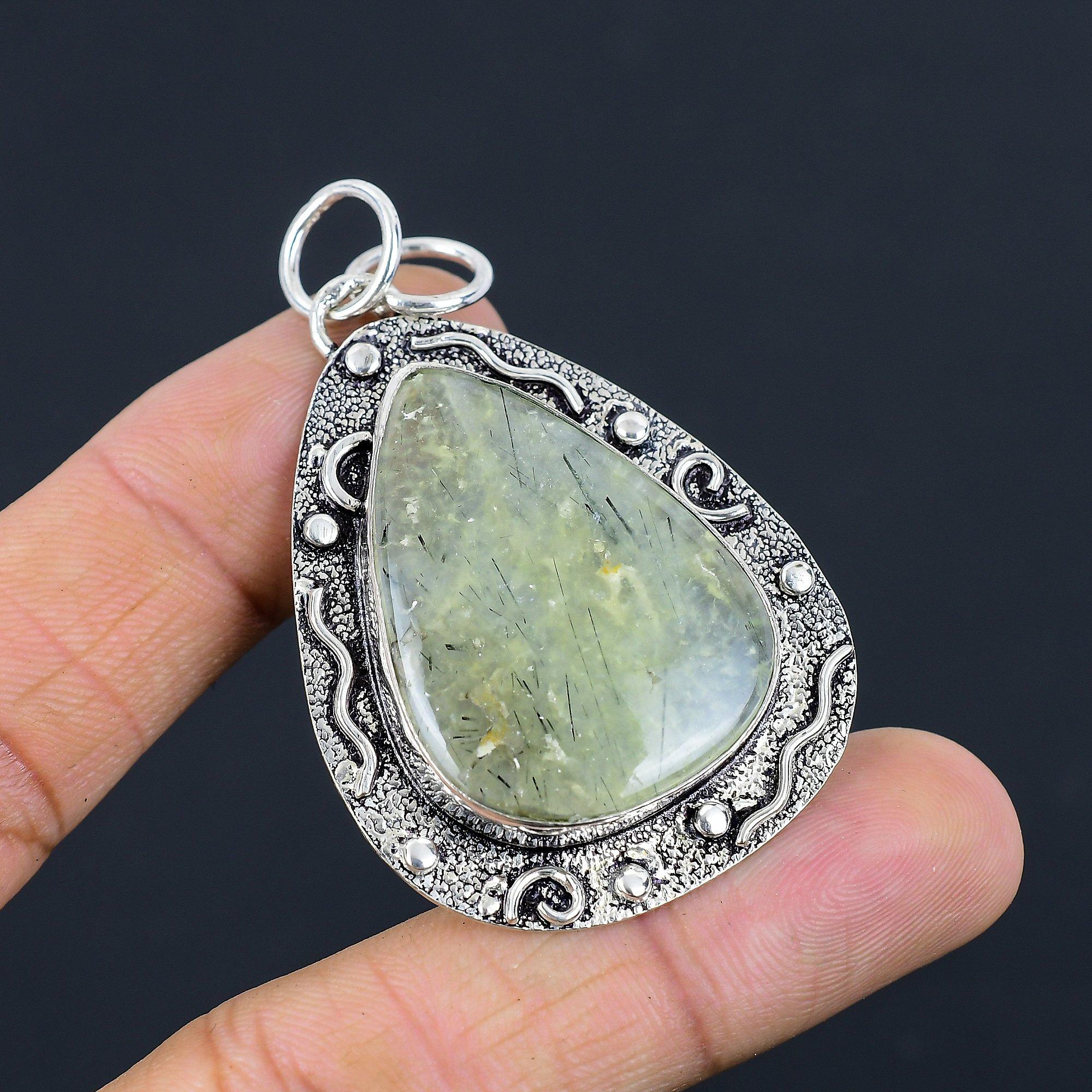 

Easter Sale Pear Moss Moss Prehnite Gemstone Wedding Bezel Pendant 925 Silver