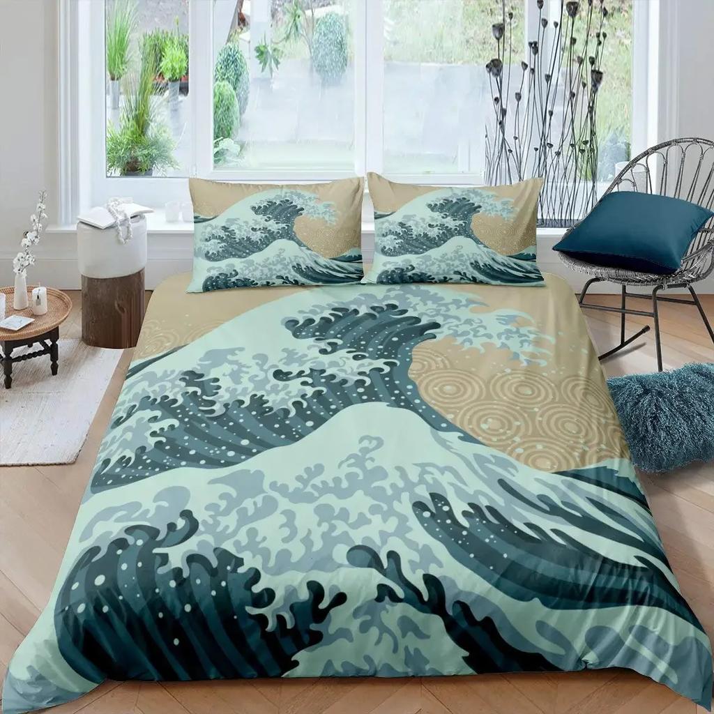 Comforter Japanese Wave King Queen Blue Sea Bedding Set Maple Leaf Moon Hokusai Ukiyo-E Polyester Comforter