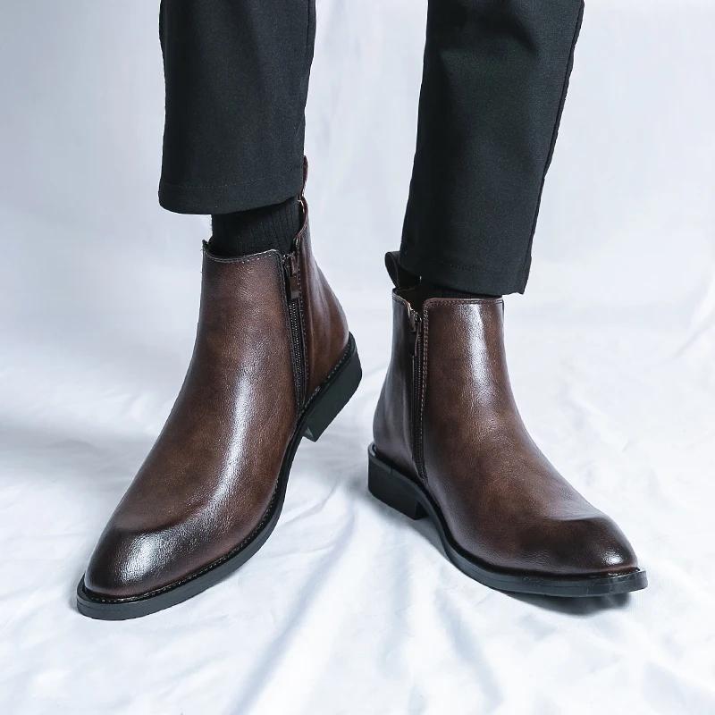 Fashion Brand Men Side Zipper Business Chelsea Shoes Casual Leather Outdoor Motorcycle Boots Fashion Handmade Flat Designer Ankle Boots