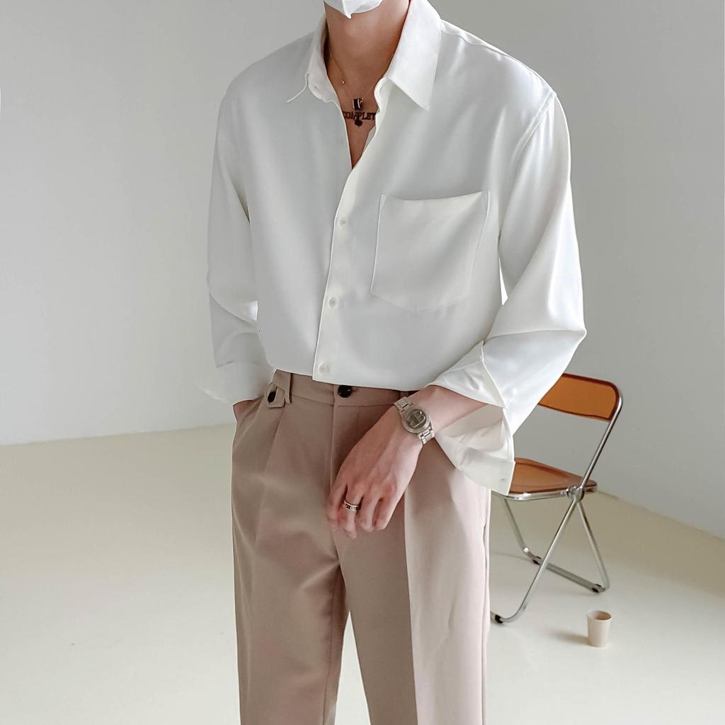 Men's Korean Style Wrinkle-Free Long Sleeve Shirt - Spring & Autumn Draping, Versatile Solid Color