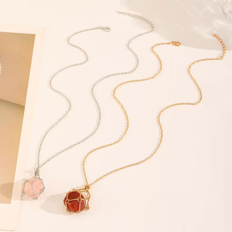 Adjustable Necklace Pendant with Replaceable Crystal Stone In Woven Metal Net Bag