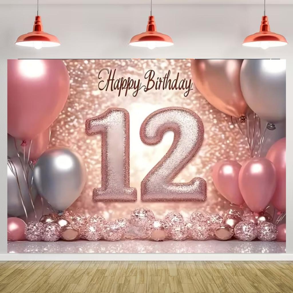 Happy 12th Birthday Banner Black Gold Balloon Background Party Decoration Boys Girls Birthday  Photography Backdrop Kids Gifts