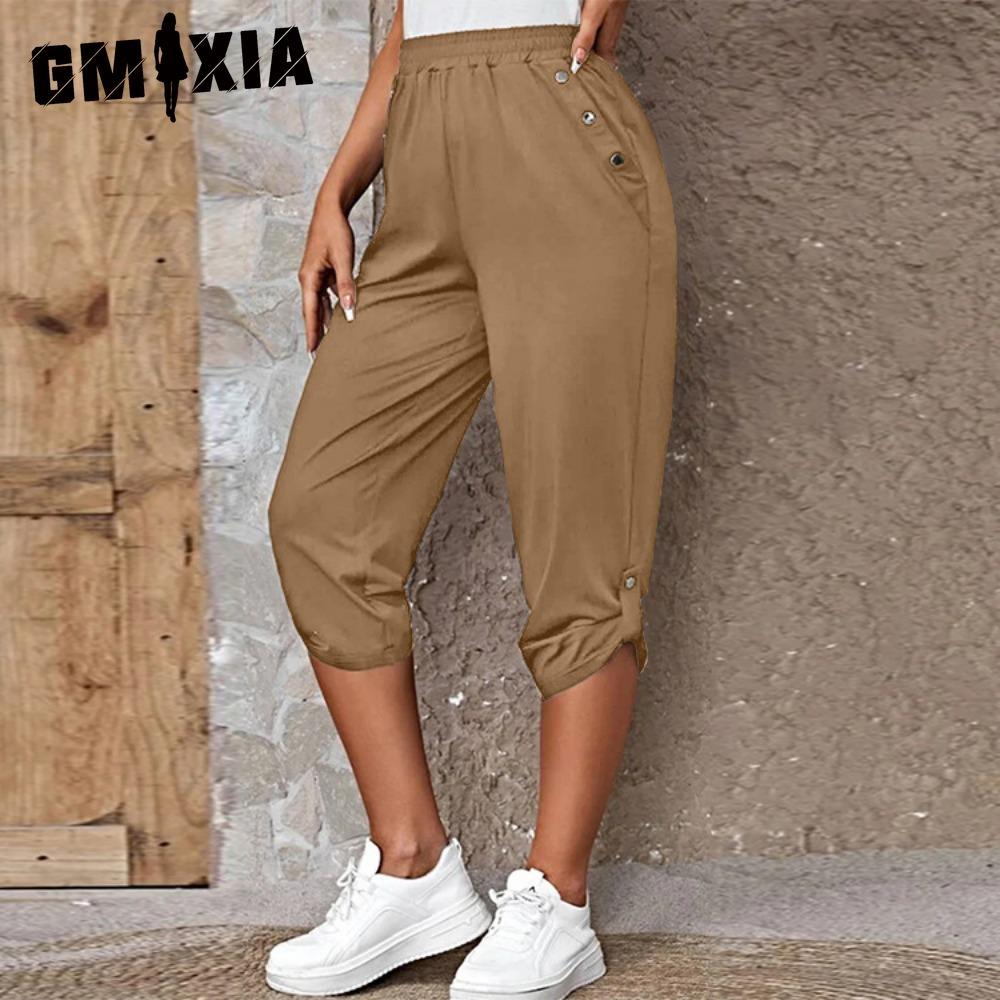 

GMXIA Women s Cropped Trousers with Pockets and Elastic Waist, Summer Buttons XXXL хаки