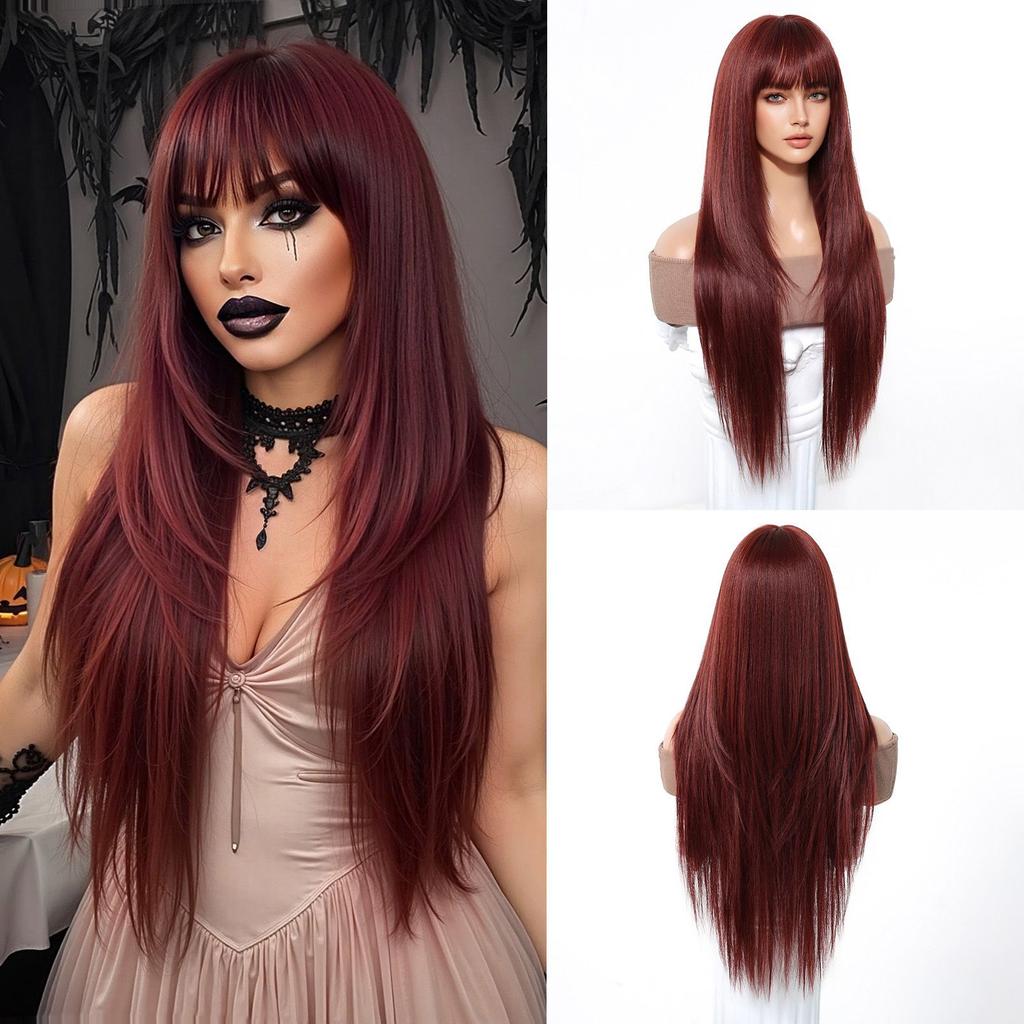 Zwarte Highlights Roze Synthetische Pruik met Pony Lange Rechte Zwarte Highlights Rode Pruik Voor Vrouwen Cosplay Feest Kerstpruik 26inch