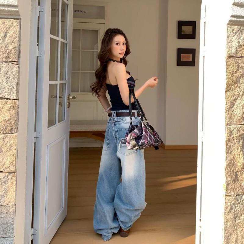 Womens Distressed Light Wash Denim Pants Vintage Low-Rise Wide Leg Straight Cut Casual Jeans
