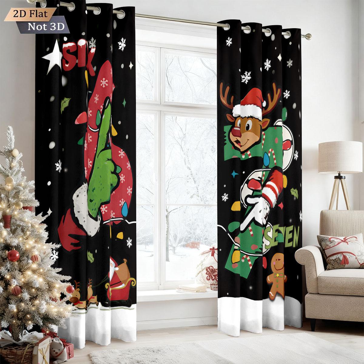 

2Pcs Merry Christmas 67 Element Printed Perforated Blackout Curtains In Various Sizes Living Room Bedroom Insulation Decoration 140x160&Grommet Top
