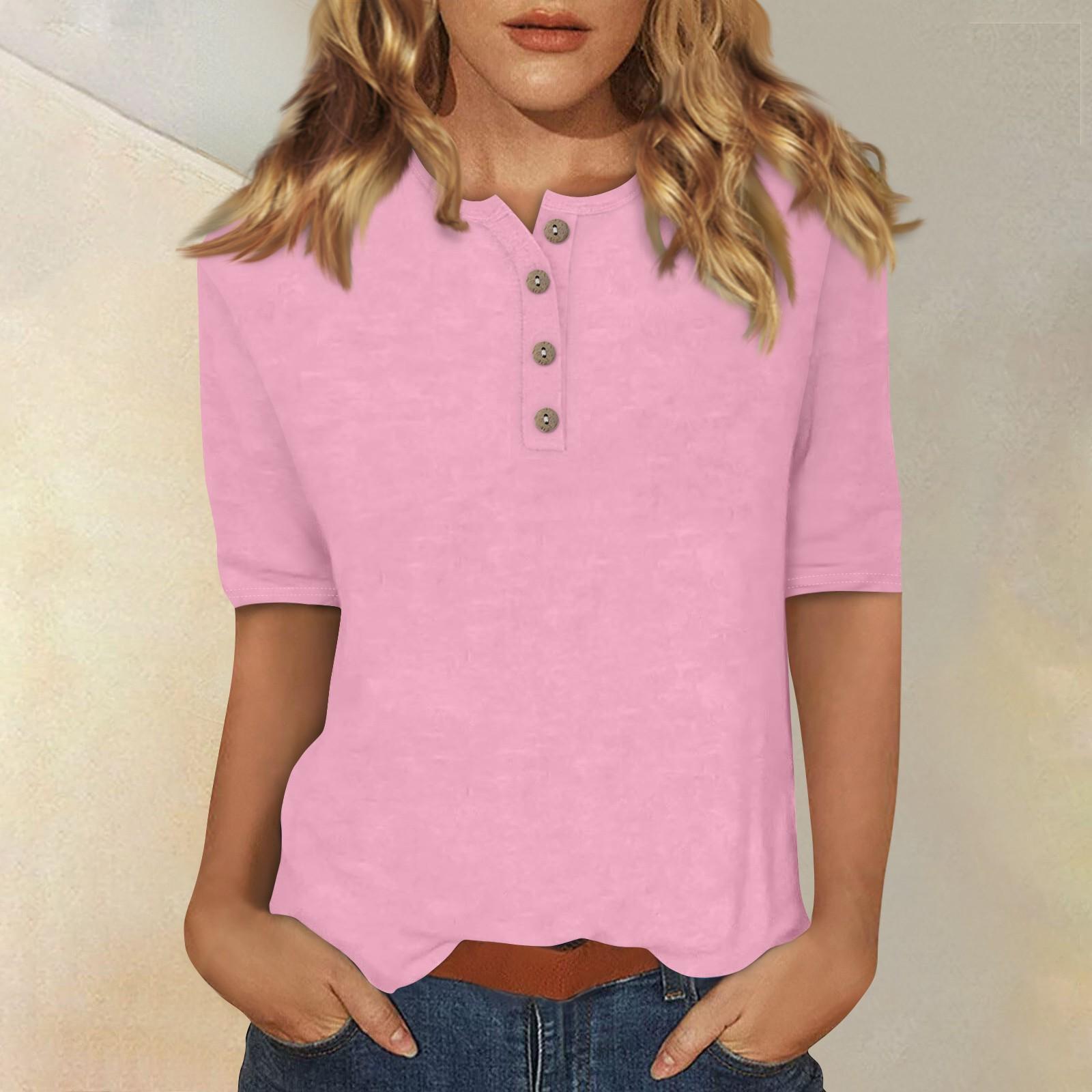 

Женский повседневный однотонный топ с воротником на пуговицах и рукавами 5/4 L розовый