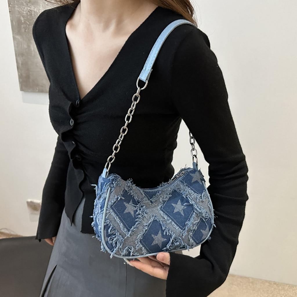 Women's Denim Tassel Casual Underarm Bag Shoulder Bag