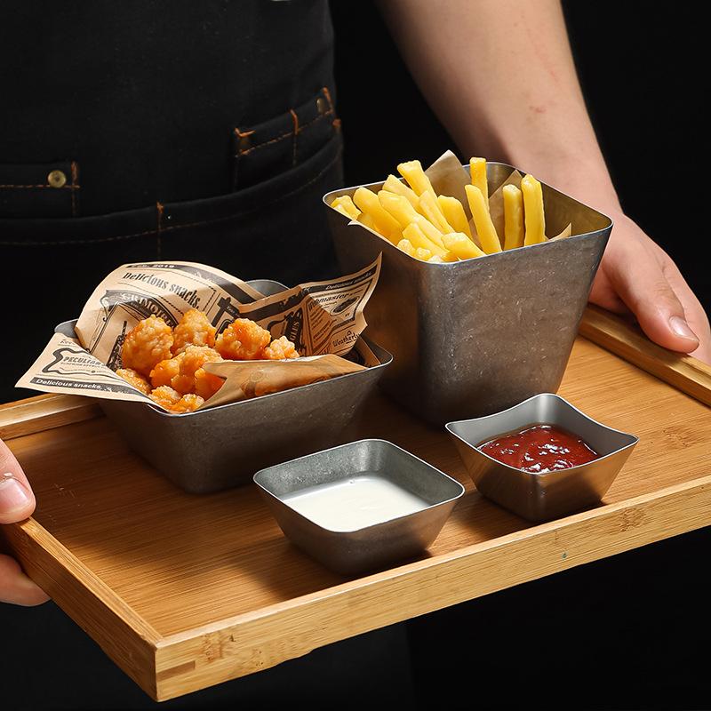 Vintage Stainless Steel Dipping Sauce Bowl Salad Ketchup French Fries Cup Home Restaurant Kitchen Square Snack Tray Tableware