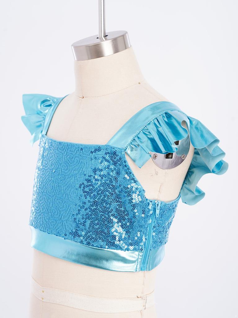 Dětské dívčí topy na jazzový tanec Čtvercový výstřih Volánkové rukávy Třpytivý flitrovaný metalický crop top