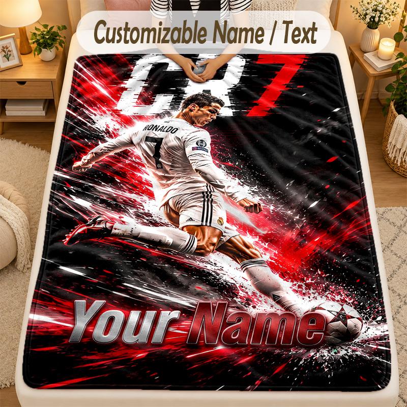 Flannel BlanketCristiano Ronaldo Custom Name Text Personalized Soft Warm Throw Blanket Home Decor Gift