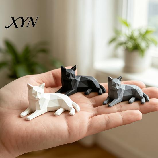 Cute Shelf Accents for Living Room 3D Printed Geometric Cat Figurine, Minimalist Desktop Sculpture Lovers, Small Desk Ornaments Lovers Nordic