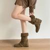Seoul Inspired Round Toe Motorcycle Boots Women Metal Bule Velvet Surface Knight Sle Mid-Calf Flat Heel Booties Hight Top Shoes